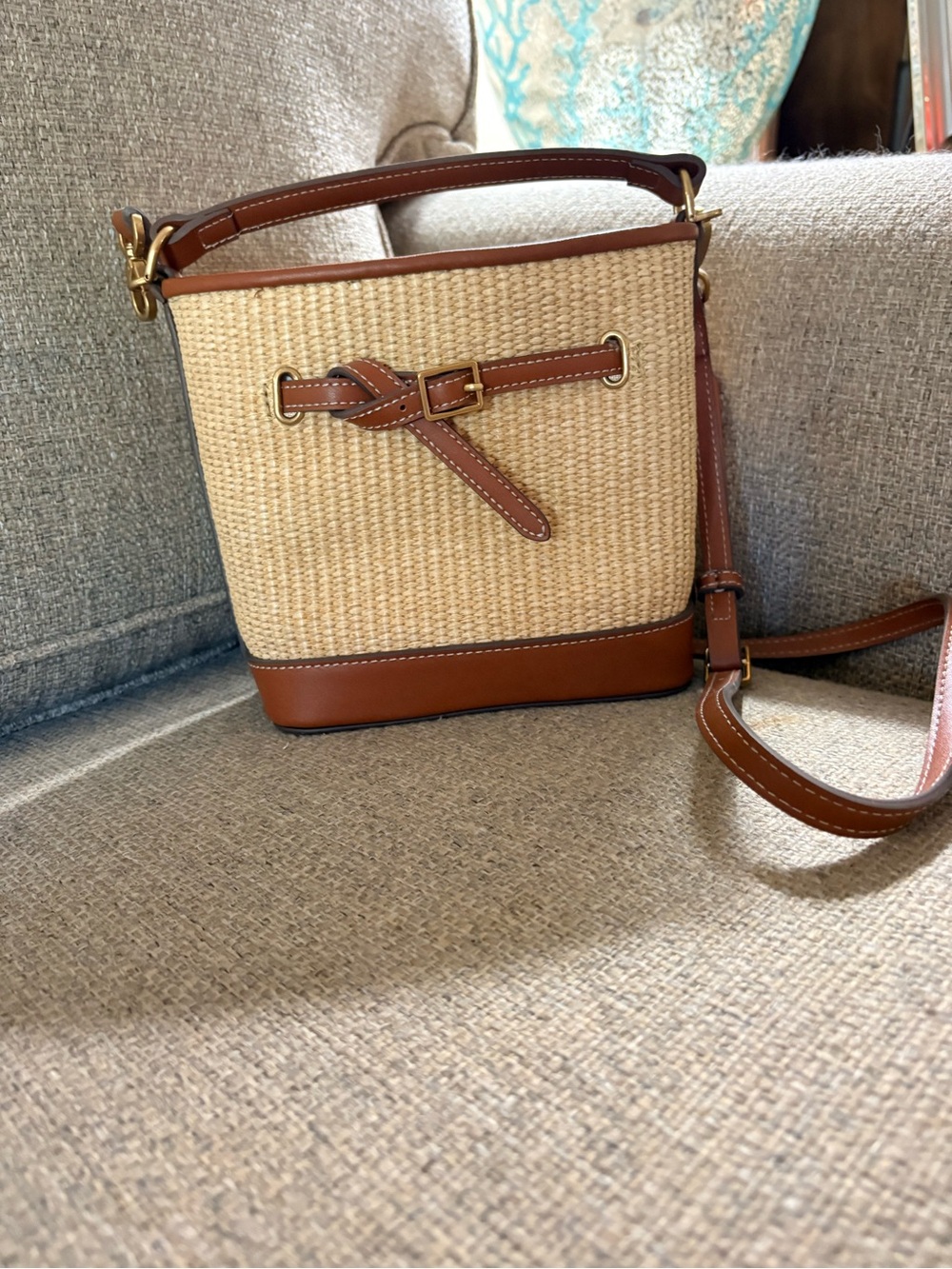 MNGWoven Bucket Bag Brown Leather Trim Crossbody Top Handle